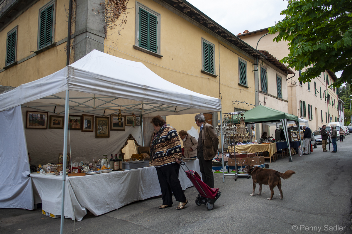 people shopping a local street market in Panzano, Tuscany