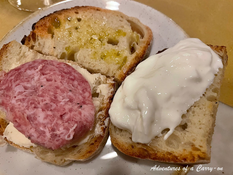 Bruschetta with cheese and salumi at Latteria, Trastevere