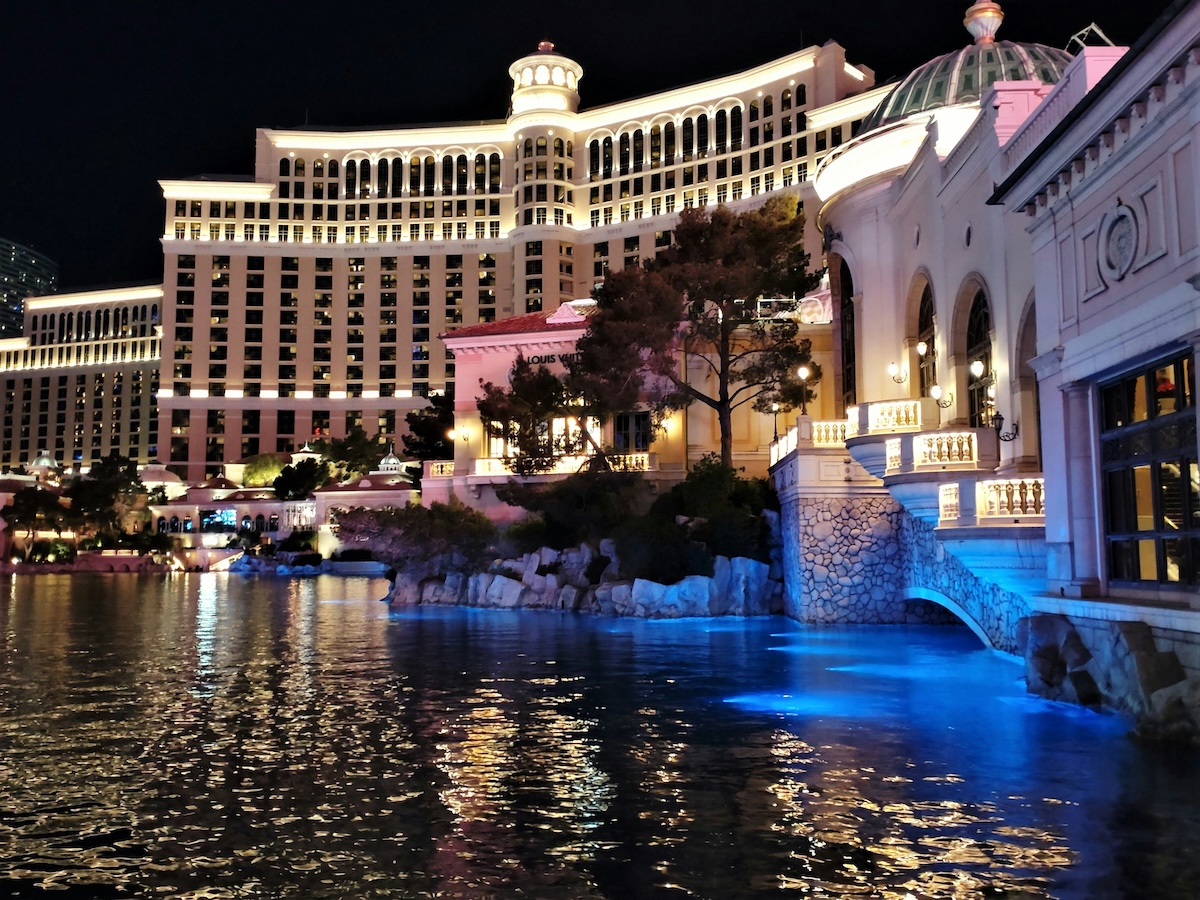 Exterior night shot of the Bellagio in Las Vegas. USA