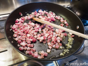 bacon and onion mixure for spaghetti carbonara @PennySadler 2013
