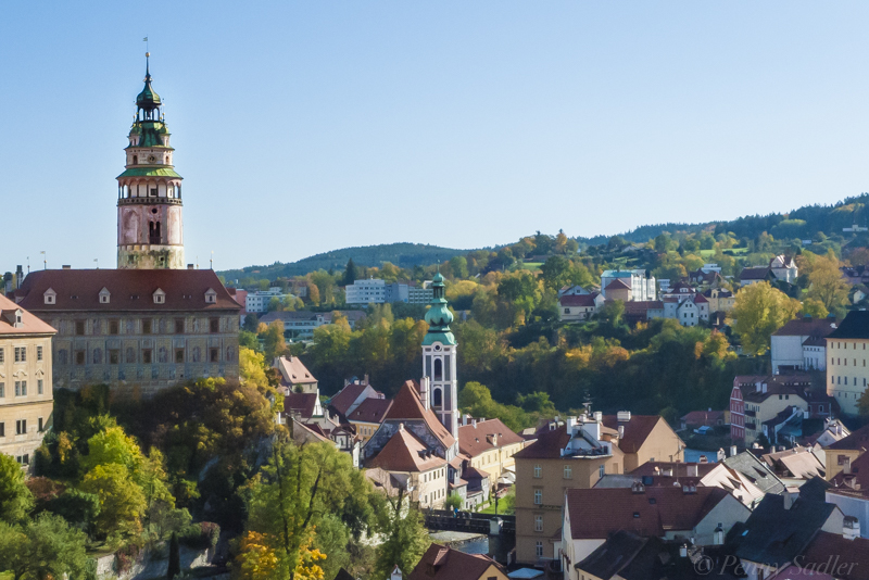 Aerial view of Český Krumlov’s red-roofed old town and castle, Czech Republic. Viking Danube Waltz