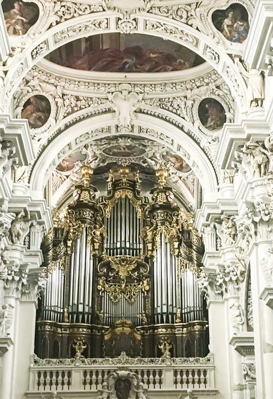 Ornate baroque pipe organ inside Passau Cathedral, Germany
