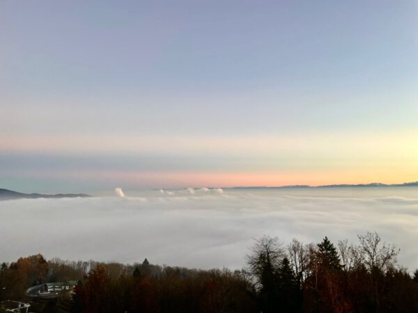 Pöstlingberg in Linz above the clouds below and the Danube