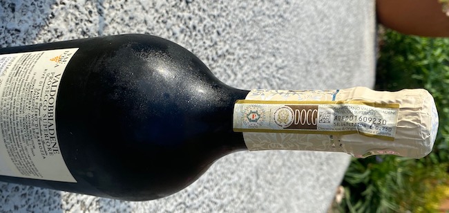 DOCG label on a bottle of prosecco superiore