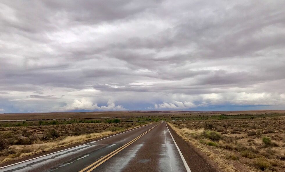 Tepees and highway through Arizona's Painted Desert