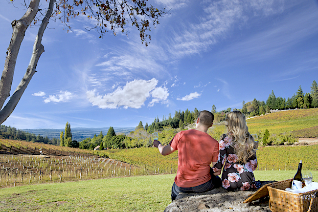 Man and woman sitting outside in a vineyard with mountain views having a picnic