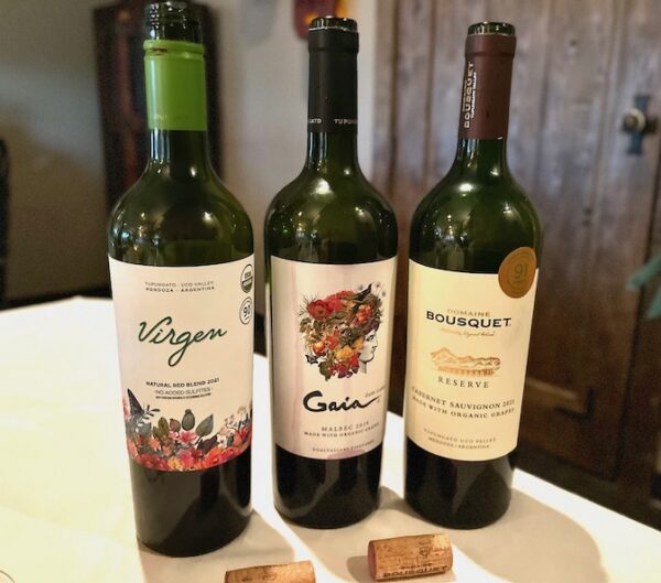 Three wine bottles of organic wine from Domaine Bousquet Argentina Mendoza
