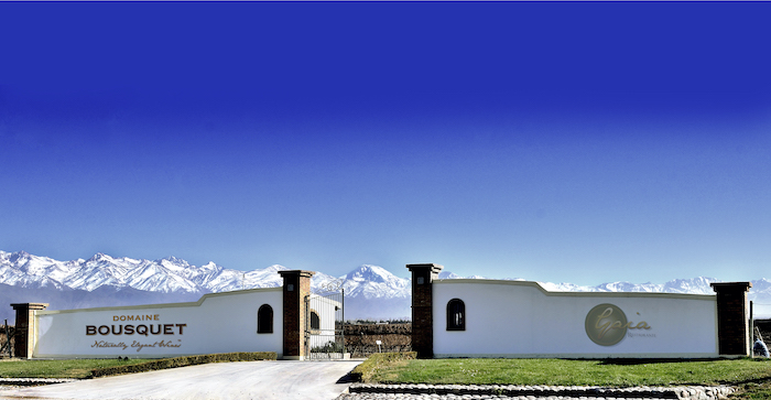 The entrance to Domaine Bousquet winery with the snow capped mountains in the background. Uco Valley, Mendoza, Argentina.