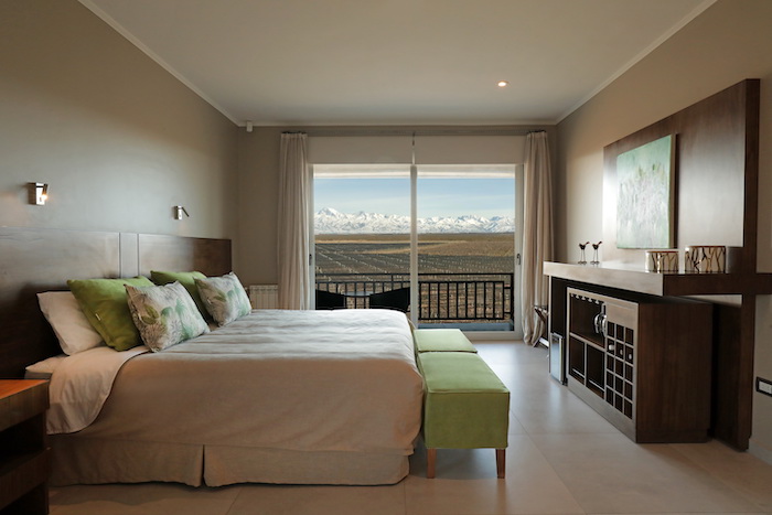 Double room with a view of the Andes at Domain Bosque, Mendoza Argentina.