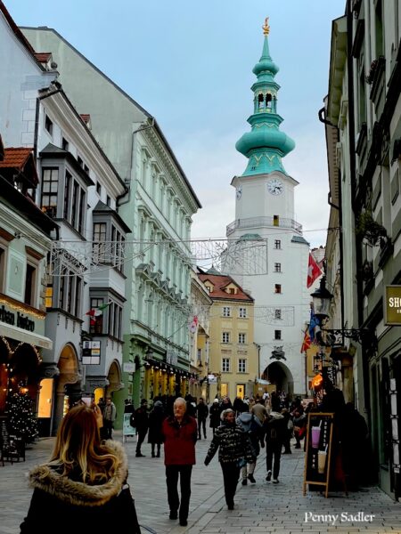 Christmas lights on the Danube River in the streets of old town Bratislava, Slovakia