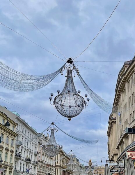 Beautiful chandelier Christmas lights on the Danube in Vienna, Austria