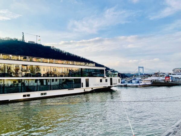 Viking Cruises longship docked on the Danube River in Budapest, Hungary.