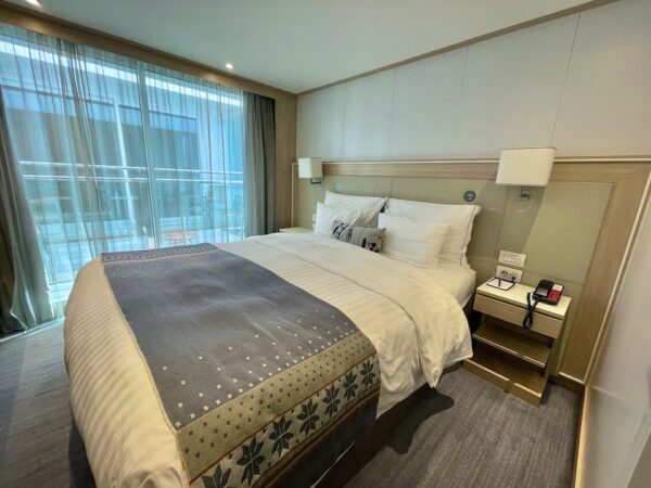 State room on a Viking River Cruise ship.