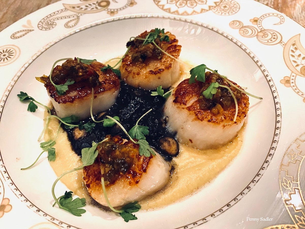 sea scallops on a white plate at Margot LA. Culver City, California