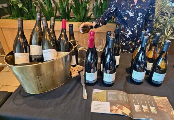 Alto Adige Wine bottles on the table and in a bucket.